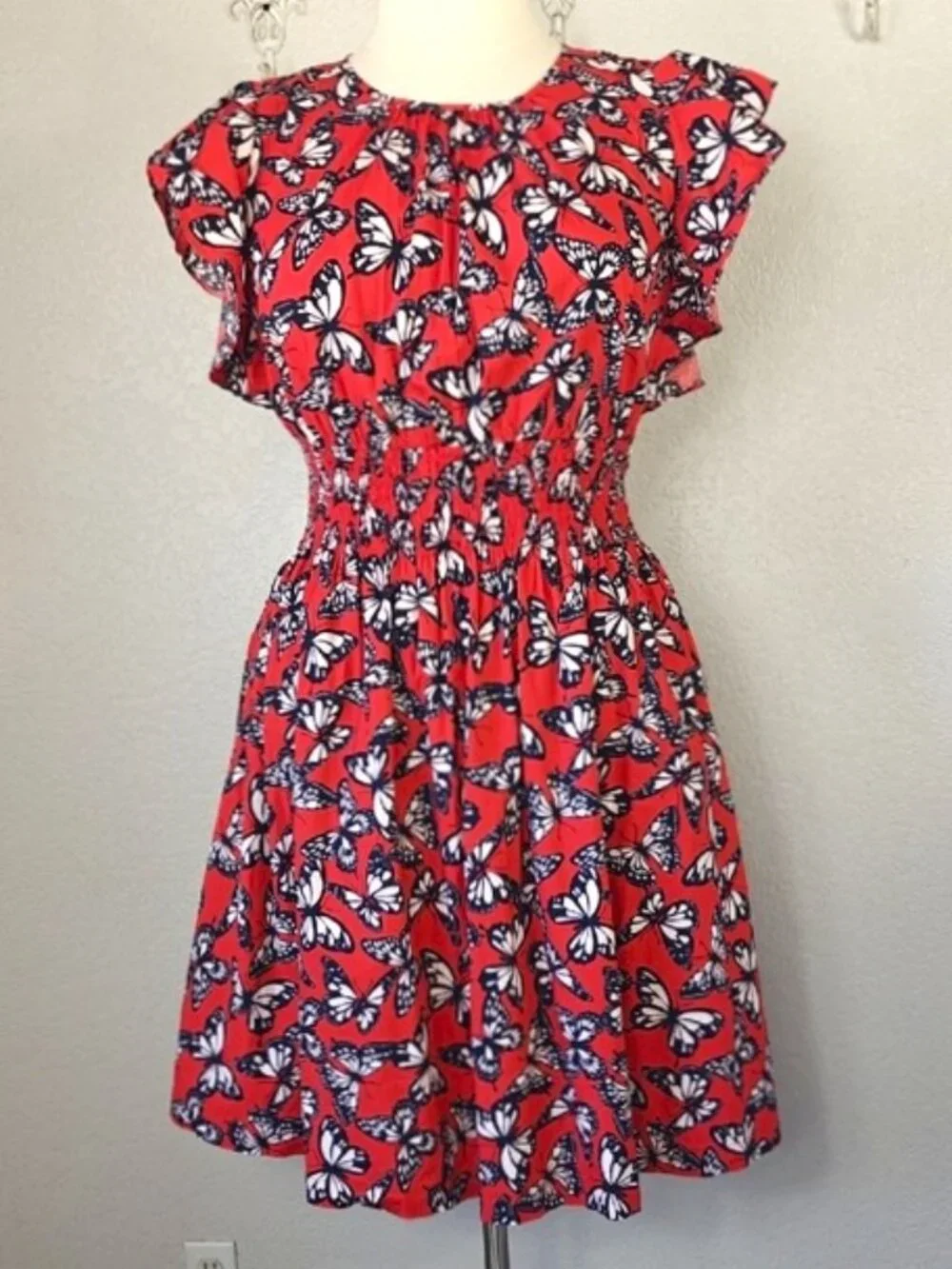 Kate Spade XL Dress Red Butterfly 🦋 Print Blake Flutter Sleeves Smocked Waist